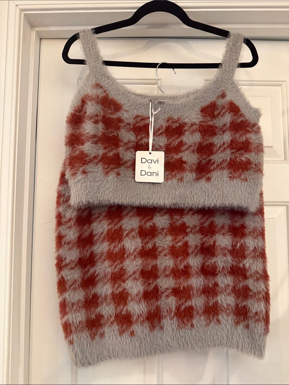 DAVI & DANI Fuzzy Plaid Tank Skirt set in Gray and Rust